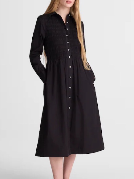 Nwt Madewell Jet Black Smocked Midi Shirtdress In Poplin 100% Cotton Size Small